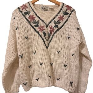 Vintage Malarky Hand Knit Floral Embroidered Sweater Cream Cottagecore Folk Pull